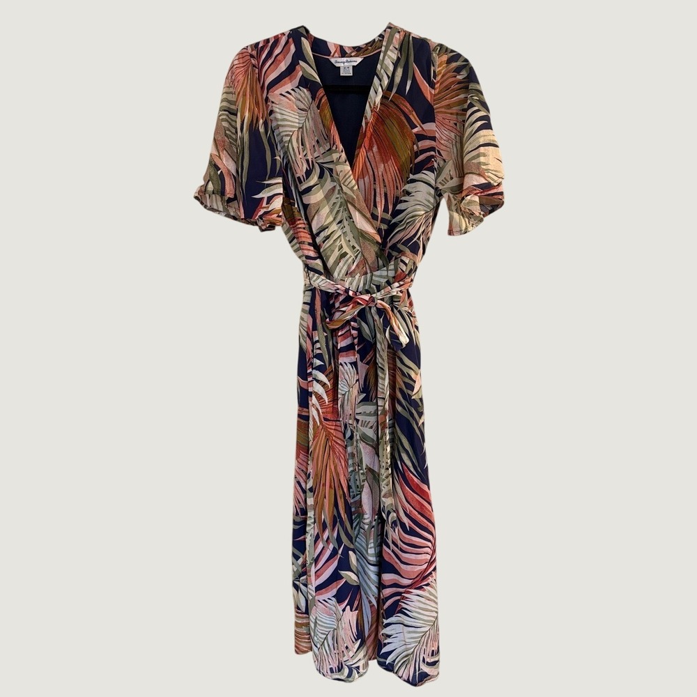 Tommy Bahama Tropical Palm Canyon Short Sleeve Wrap Dress Navy Midi